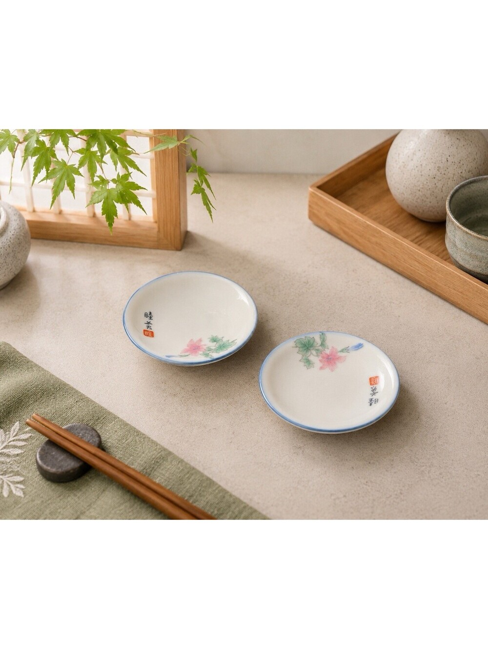 Japanese 1960s 2 Mamezara Sauce Dishes Hand-Painted Floral Porcelain 4.75” AS IS